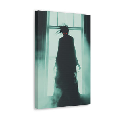 Vertical-oriented wall art: "Haunting Hunger II." A shadowy vampire figure with glowing red eyes stands in a mist-filled room, backlit by a bright window. The eerie atmosphere and chilling silhouette evoke a sense of supernatural dread and Gothic elegance.