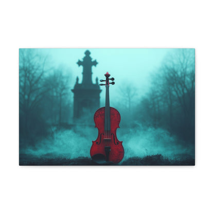 Horizontal-oriented wall art: "The Mourning Violin." A vivid red violin stands alone in a misty graveyard, framed by a dark, Gothic cross in the background. Diffused teal lighting and soft shadows create a haunting and melancholic atmosphere.