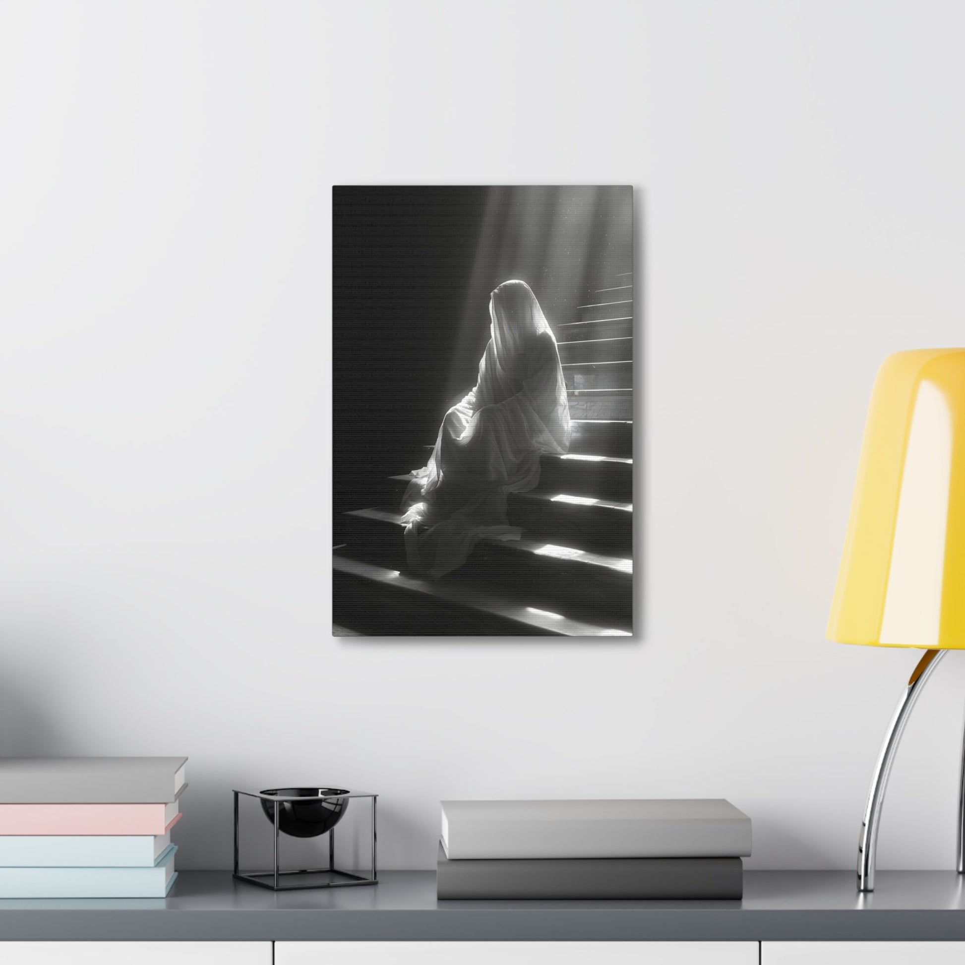 Vertical-oriented wall art: An eerie depiction of a ghostly apparition, its translucent form sitting on stairs, surrounded by a soft, ethereal glow.