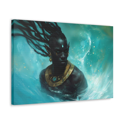 Horizontal-oriented wall art: "Obsidian Elegance II" A striking portrait of a Black elf adorned with intricate golden jewelry, surrounded by swirling, vibrant turquoise water. The composition highlights the figure's regal presence and otherworldly grace in a captivating fantasy setting.