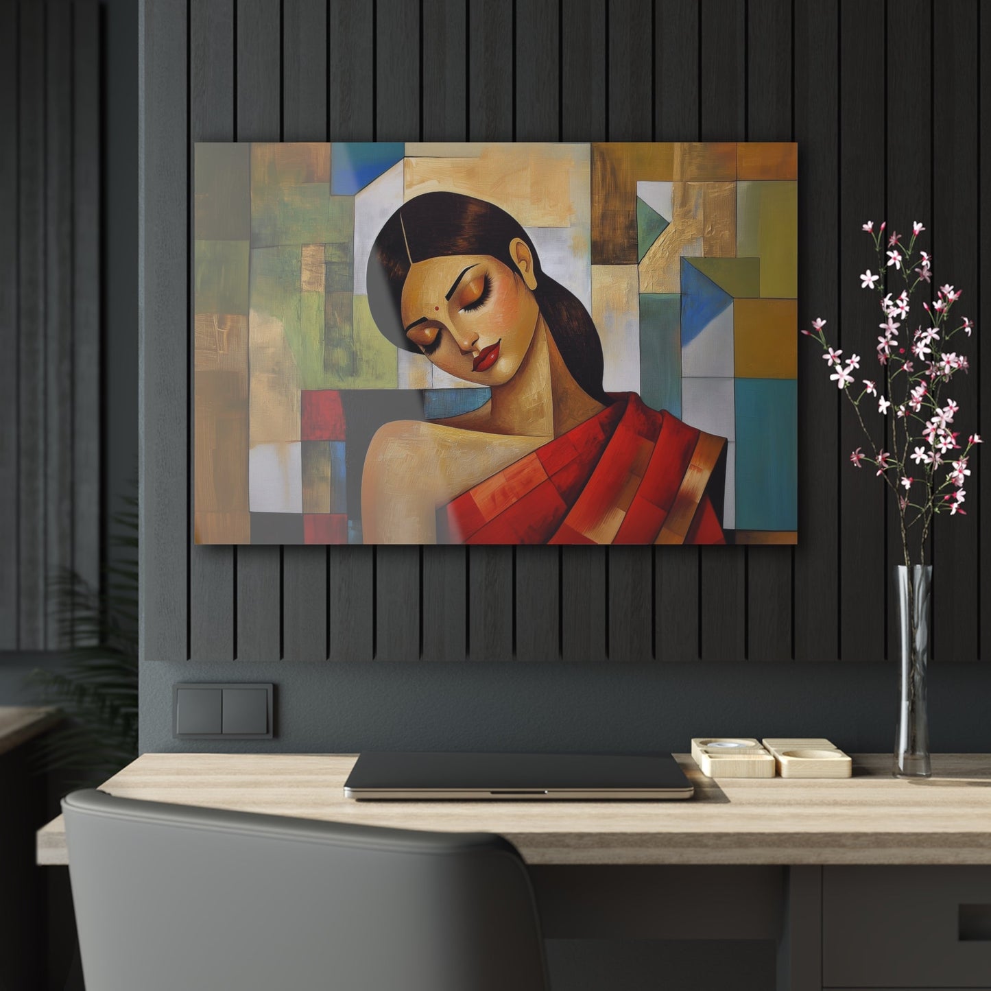 Horizontal-oriented wall art: "Fractured Grace." An Indian woman in traditional attire is depicted in a Cubist style, her contemplative expression framed by geometric shapes and bold colors of red, green, and gold. The textured background and soft dramatic lighting create an elegant and serene composition.