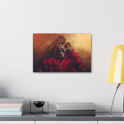 Horizontal-oriented wall art: "Crowned Companion" A regal dog sits on an ornate golden throne wearing a crown, sunglasses, and a red hoodie, exuding confidence and charm. This playful artwork combines luxury with a modern twist, celebrating the noble spirit of pets.