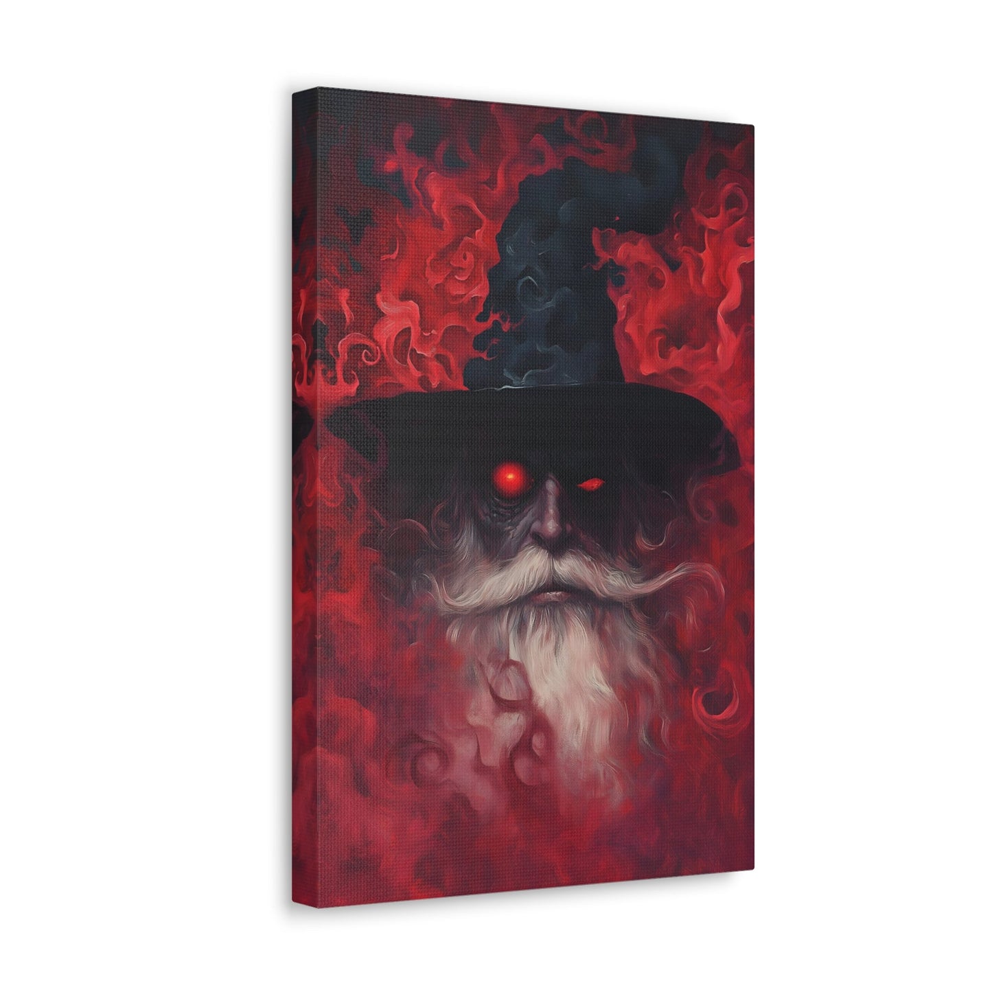 Vertical-oriented wall art: "The Wizard's Veil II" A mysterious wizard with glowing red eyes emerges from a swirling, crimson mist, his expression intense and otherworldly. The deep reds and intricate textures create an aura of magic and dark fantasy, drawing viewers into his enchanted realm.