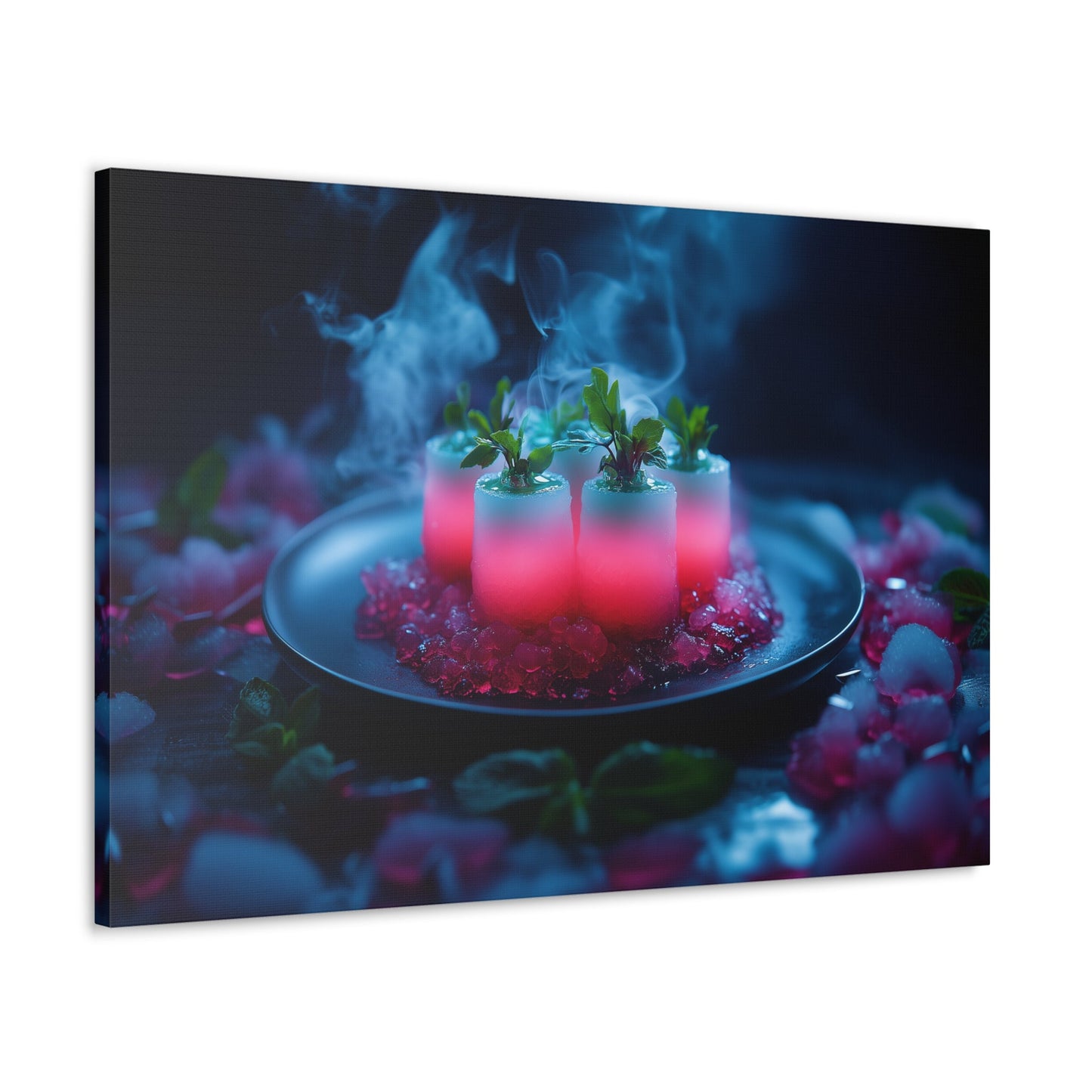 Horizontal-oriented wall art: "Xeno Cuisine." A glowing arrangement of alien meat and bioluminescent vegetables sits on an obsidian plate, surrounded by vapor and crystalline accents. The vibrant pink and cool blue tones contrast against the dark background, creating an otherworldly and surreal atmosphere.