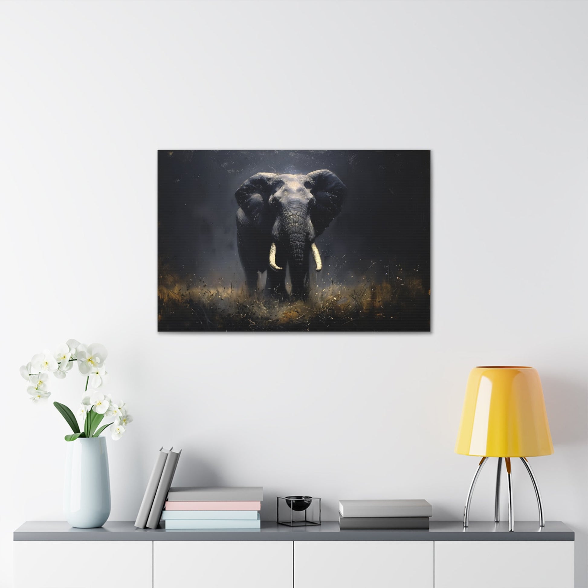 Horizontal-oriented wall art: Elephant's Shadow from the Darklight Bestiary collection depicts a majestic elephant inspired by Chiaroscuro painting technique. The interplay of light and shadow highlights the elephant's powerful form, creating a dramatic and captivating visual experience.