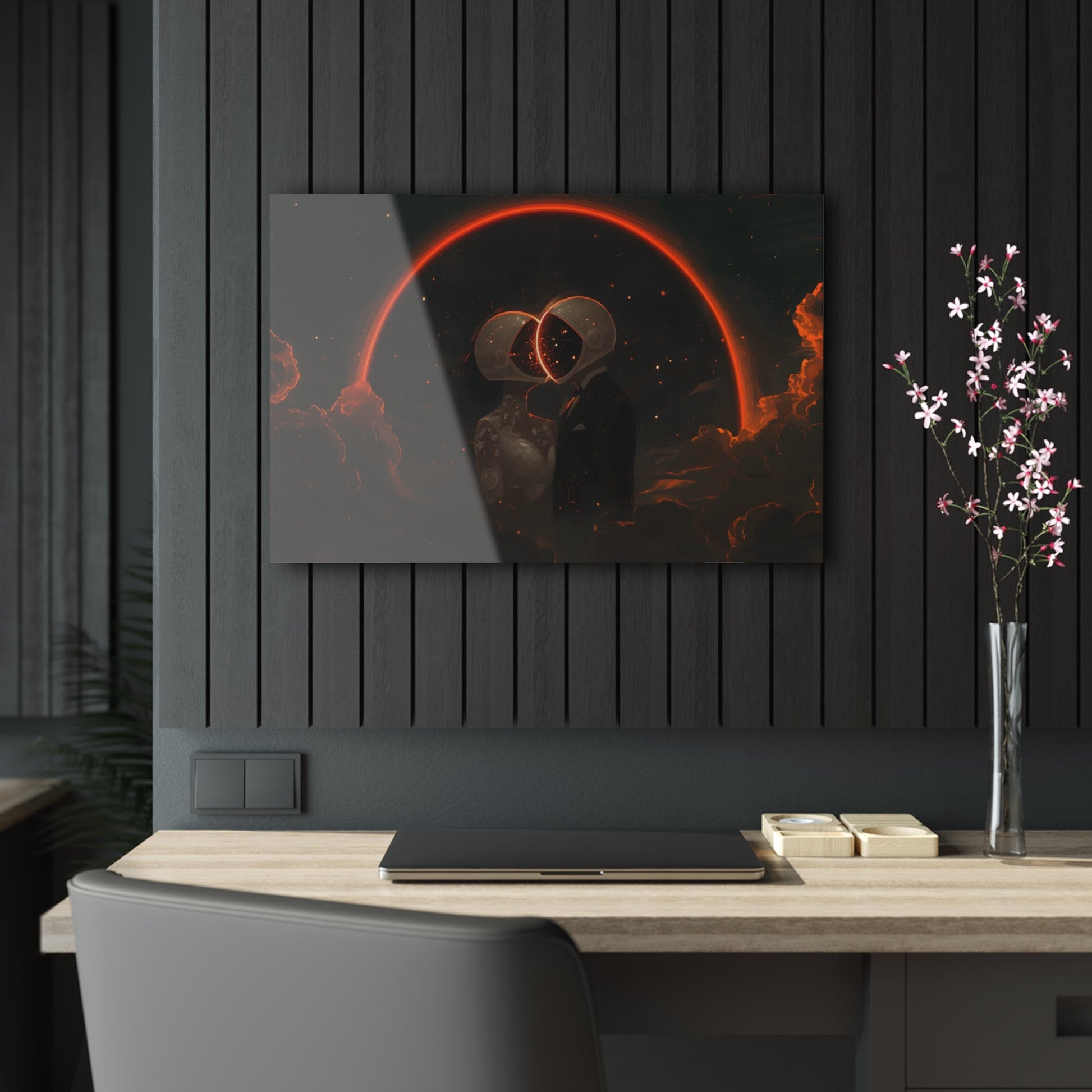 Horizontal-oriented wall art: Two astronauts, dressed in a tuxedo and a wedding dress, share a romantic kiss in space with their helmets forming a glowing heart shape. The dark, starry sky and the bright, orange-red halo create a whimsical and dreamy atmosphere.