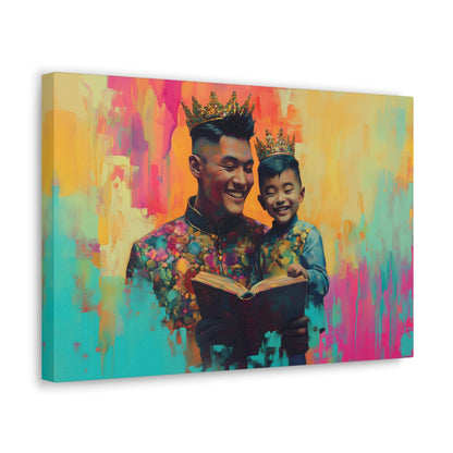 Horizontal-Oriented wall art: "Crowning Knowledge V" depicts a joyful father and son wearing golden crowns, smiling as they share a moment of reading together against a vibrant, abstract background of pinks, oranges, and blues. The artwork blends detailed portraiture with a playful, colorful backdrop, capturing the warmth and happiness of family bonds.