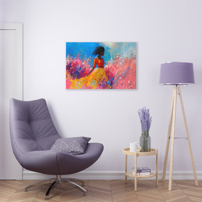 Horizontal-oriented artwork: An abstract palette knife oil painting featuring a woman walking through a colorful landscape of swirling paint splashes and vibrant hues.