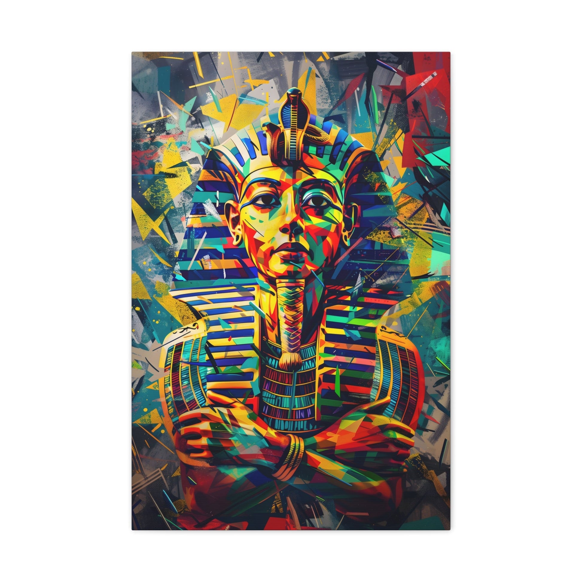 Vertical-oriented wall art: A regal portrait of King Tutankhamun, depicted with a golden headdress and adorned with ornate jewelry, exuding an aura of majesty and power.