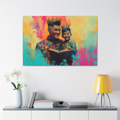 Horizontal-Oriented wall art: "Crowning Knowledge V" depicts a joyful father and son wearing golden crowns, smiling as they share a moment of reading together against a vibrant, abstract background of pinks, oranges, and blues. The artwork blends detailed portraiture with a playful, colorful backdrop, capturing the warmth and happiness of family bonds.