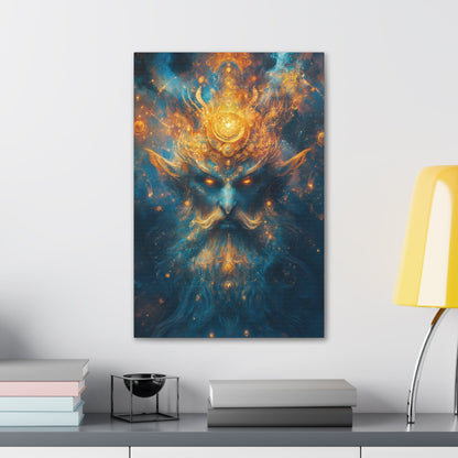 Vertical-oriented wall art "Celestial Djinn II" A cosmic djinn with glowing eyes and intricate golden patterns emerges from a swirl of azure and gold energy. This mystical artwork captures the celestial power and ancient wisdom of a divine being.