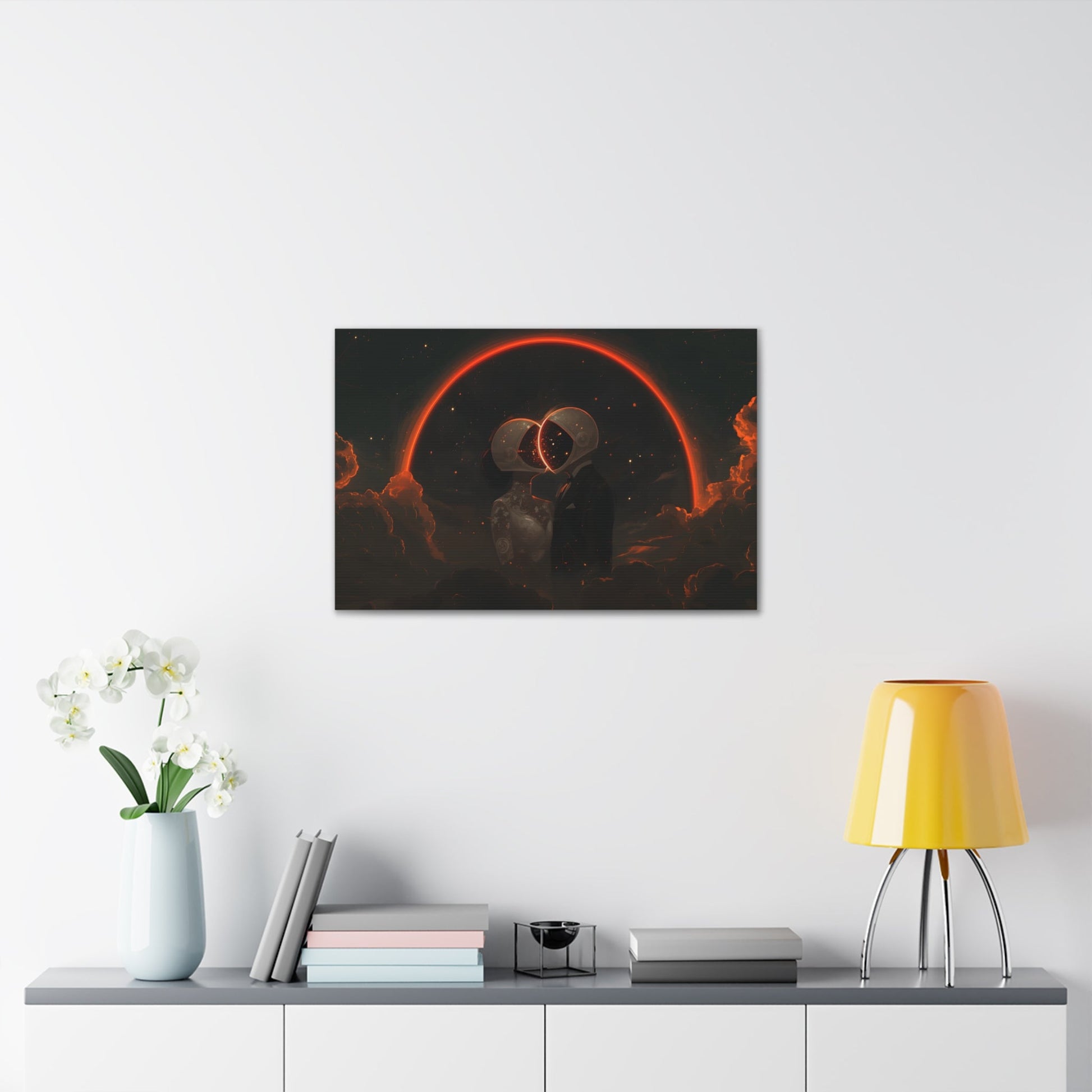 Horizontal-oriented wall art: Two astronauts, dressed in a tuxedo and a wedding dress, share a romantic kiss in space with their helmets forming a glowing heart shape. The dark, starry sky and the bright, orange-red halo create a whimsical and dreamy atmosphere.