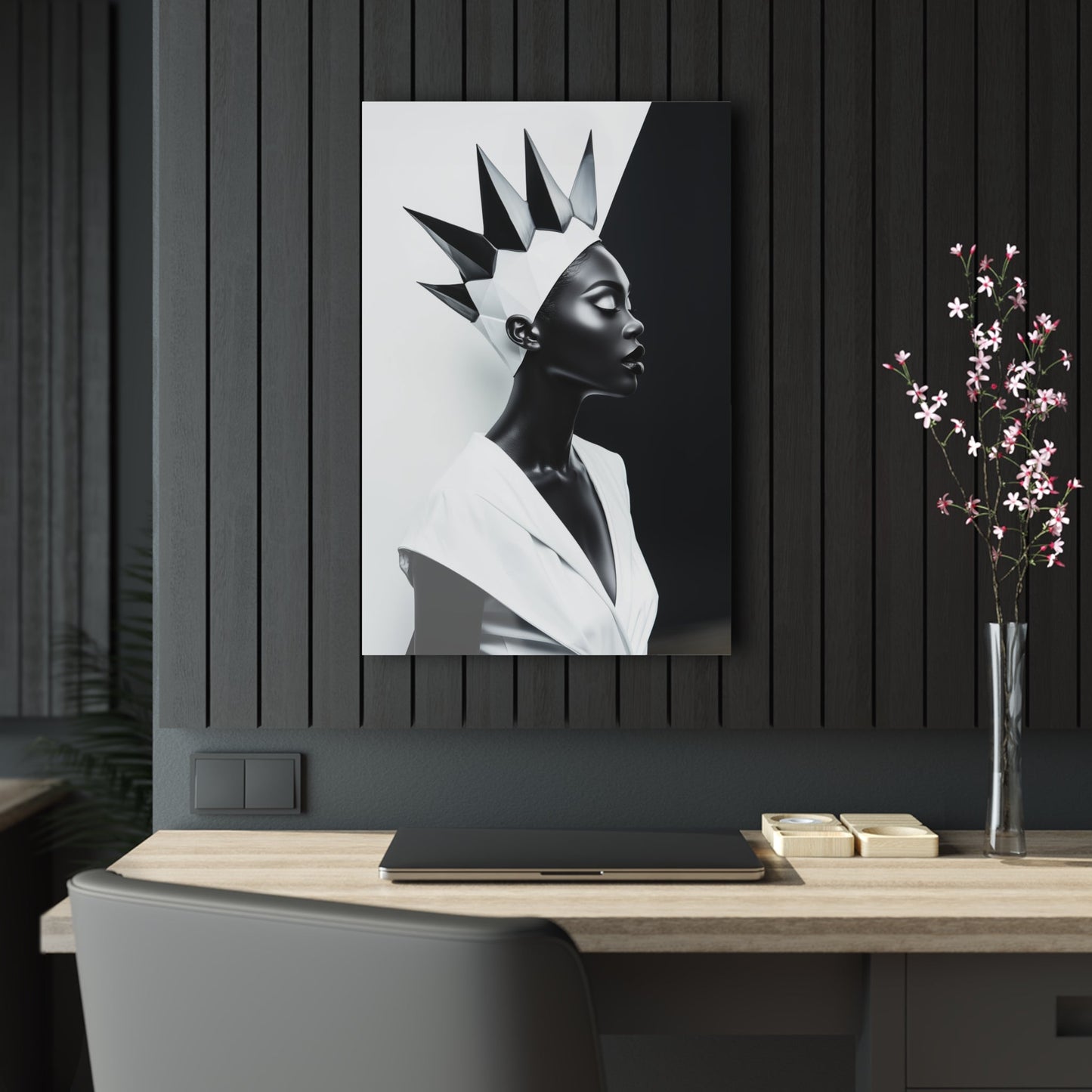 Vertical-oriented wall art: "Majestic Symmetry II" A striking portrait of a modern Black queen with a sharp geometric crown, set against a bold monochromatic background. The artwork highlights her regal elegance and symmetry, blending contemporary design with timeless sophistication.