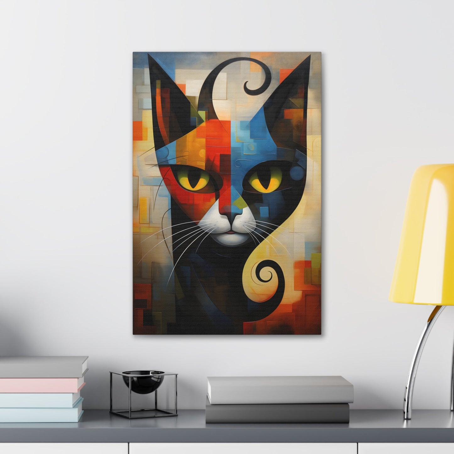 Vertical-oriented wall art: A vibrant cubist-style portrait of a cat, featuring a geometric composition with bold shapes and colors. The cat's eyes are bright yellow, set against a dynamic background of intersecting blocks in shades of red, blue, orange, and yellow.