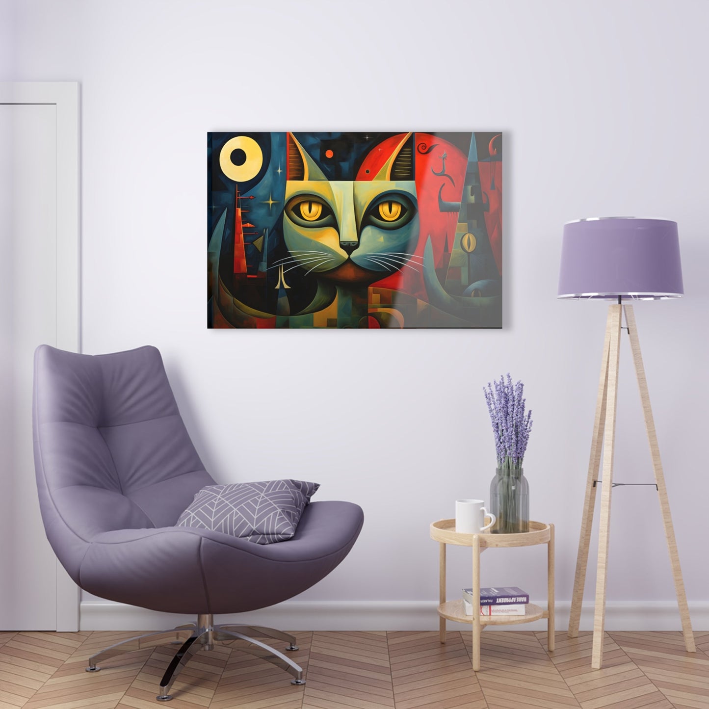 Horizontal-oriented wall art: A Cubist-inspired cat stares directly at the viewer, its eyes glowing with intensity against a backdrop of geometric shapes in deep blues, reds, and yellows. The abstract and surreal composition captures the feline's enigmatic nature, blending elements of modern art movements to create a vivid, otherworldly scene.