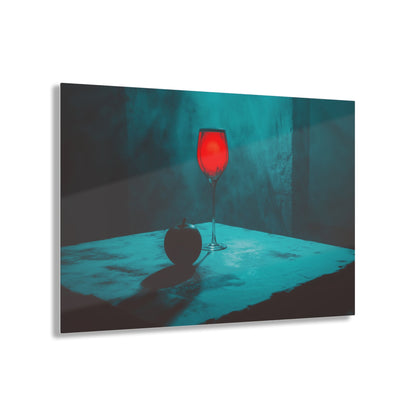 Horizontal-oriented wall art: "Eden’s Reflection" A glowing crimson wine glass and a shadowed black apple rest on a textured table, surrounded by a misty teal atmosphere. This gothic still-life composition captures an air of mystery and temptation with its striking interplay of light and shadow.