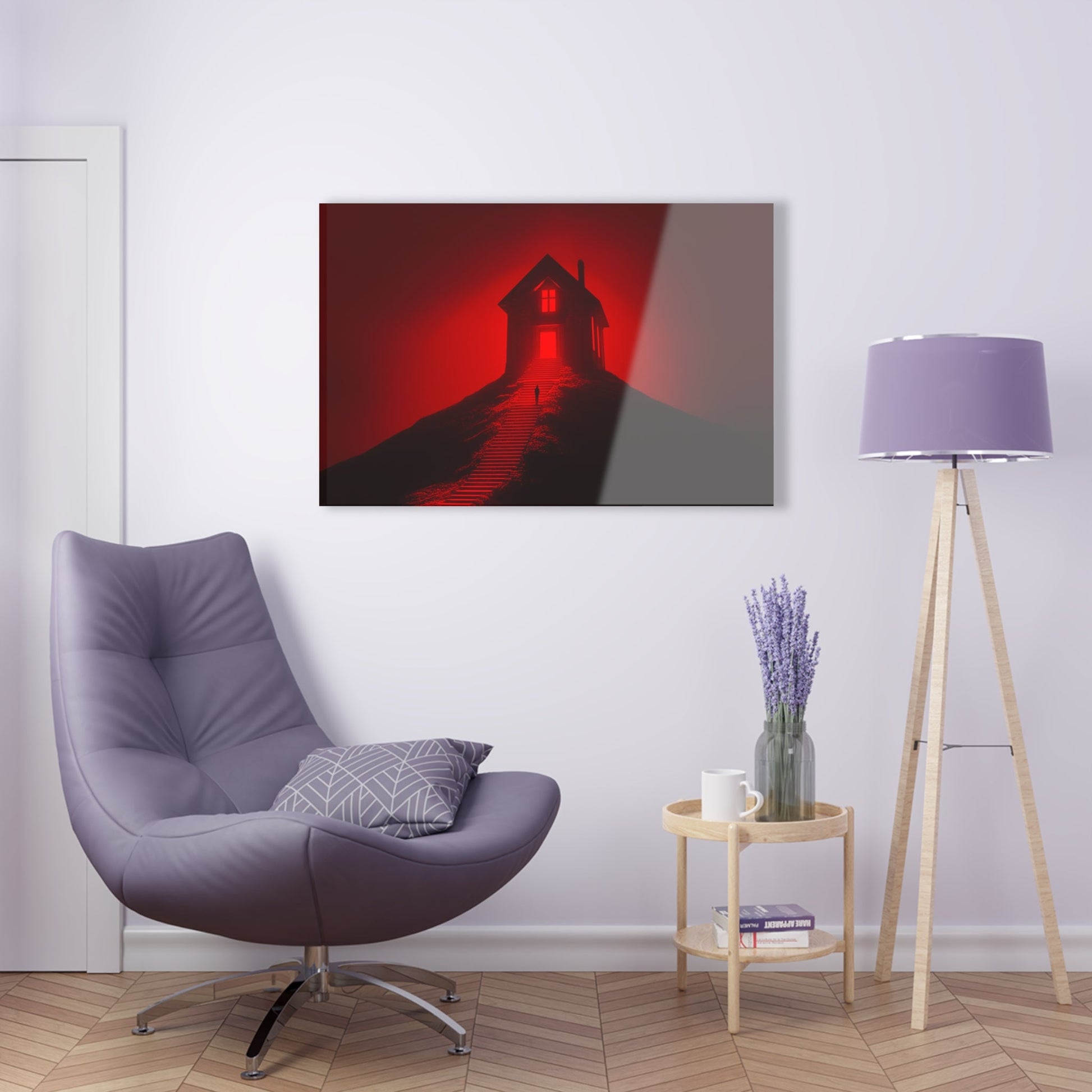 Horizontal-oriented wall art: Artwork titled Crimson Ascent from the Ruby Realms collection, featuring a glowing red house atop a hill with a solitary figure ascending a shadowed staircase. The piece creates an eerie and surreal atmosphere with its intense red glow and dramatic contrast.