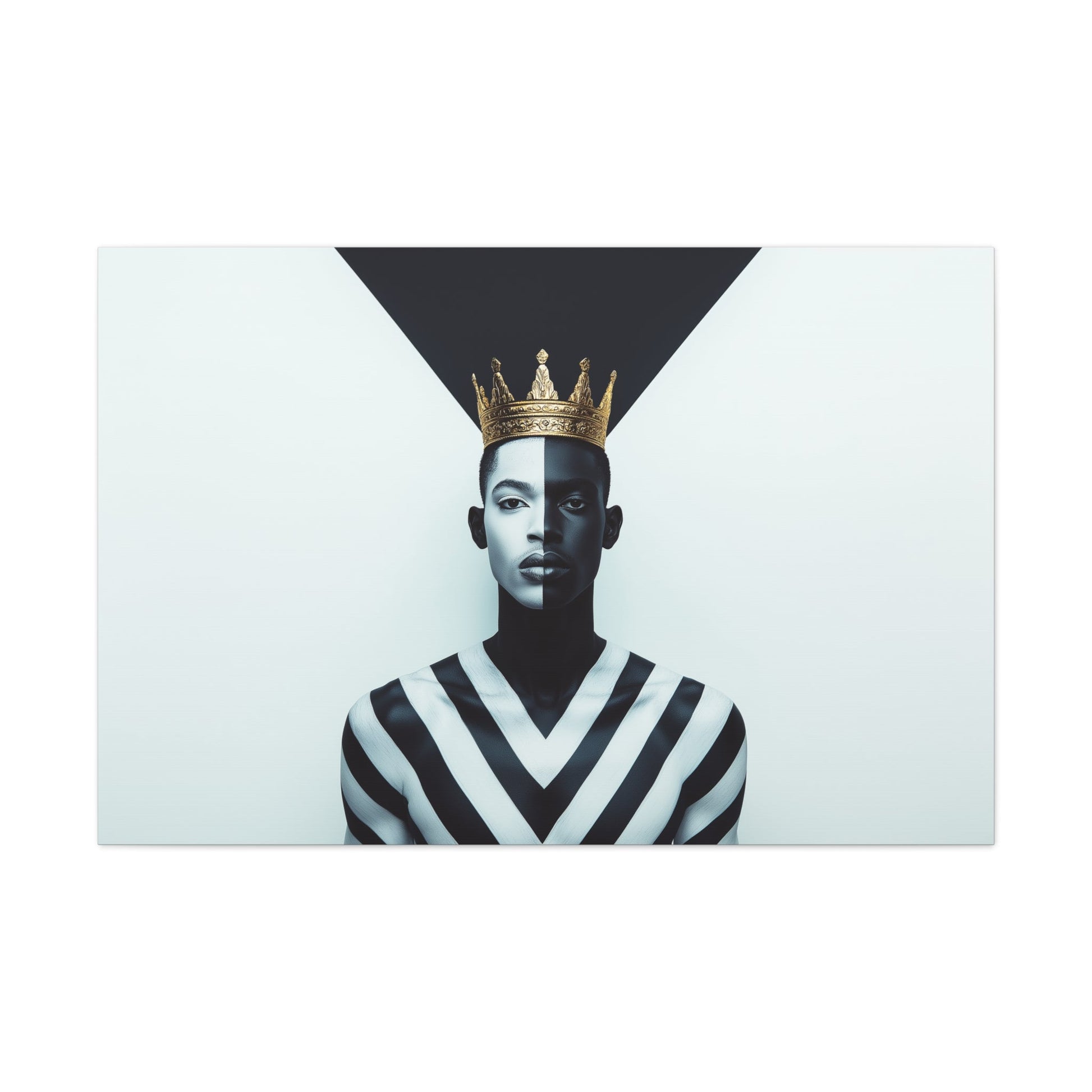 Horizontal-oriented wall art: "Crown of Dignity" A powerful portrait of a man wearing a golden crown, his face divided into bold black-and-white halves symbolizing balance and duality. The geometric background enhances the striking composition, blending regal elegance with modern precision.