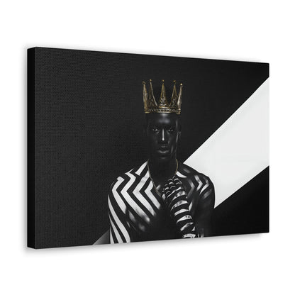 Horizontal-oriented wall art: "Crown of Dignity III" A striking portrait of a regal figure wearing a metallic gold crown, adorned in bold black and white geometric patterns. The artwork captures a modern, dignified presence, blending contemporary abstraction with royal elegance against a high-contrast background.