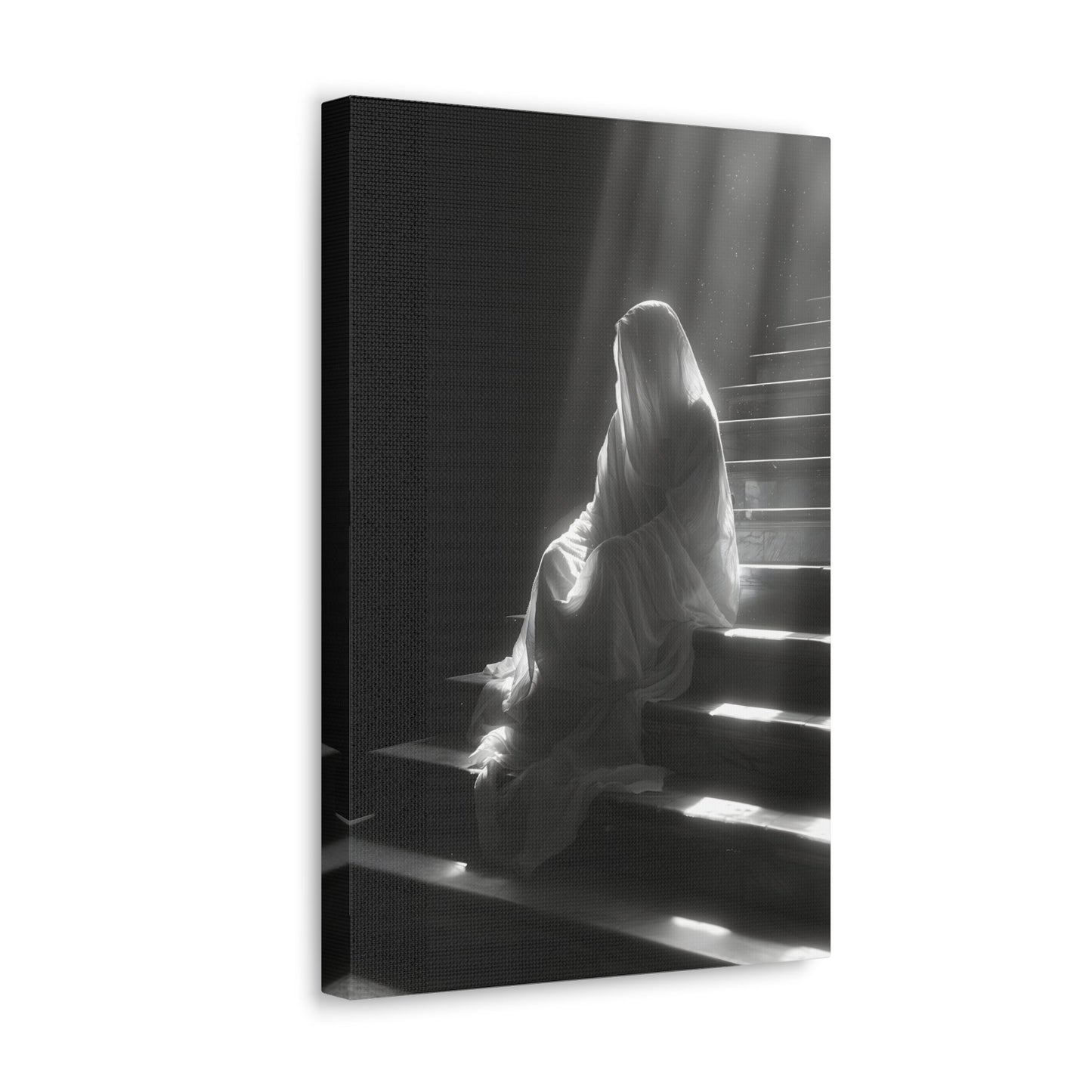 Vertical-oriented wall art: An eerie depiction of a ghostly apparition, its translucent form sitting on stairs, surrounded by a soft, ethereal glow.