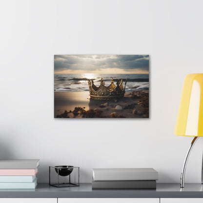 Horizontal-oriented wall art: "Find Your Crown" A golden crown rests gracefully on a sandy shore, illuminated by the warm glow of a sunset over gentle ocean waves. This evocative scene symbolizes self-discovery and the pursuit of inner majesty.