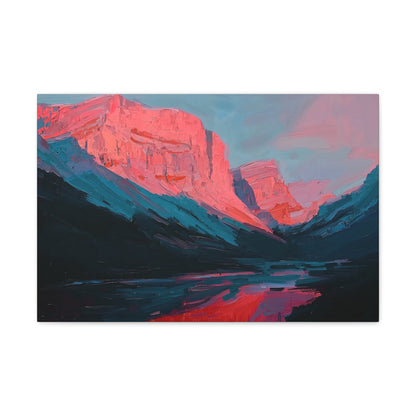 Horizontal-oriented wall art: "Timeless Peaks" Landscape artwork titled Timeless Peaks from the Bold Horizons collection, featuring vibrant crimson and pink mountains reflected in a tranquil lake. The piece highlights bold brushstrokes and a dynamic interplay of warm and cool colors, evoking majesty and serenity.