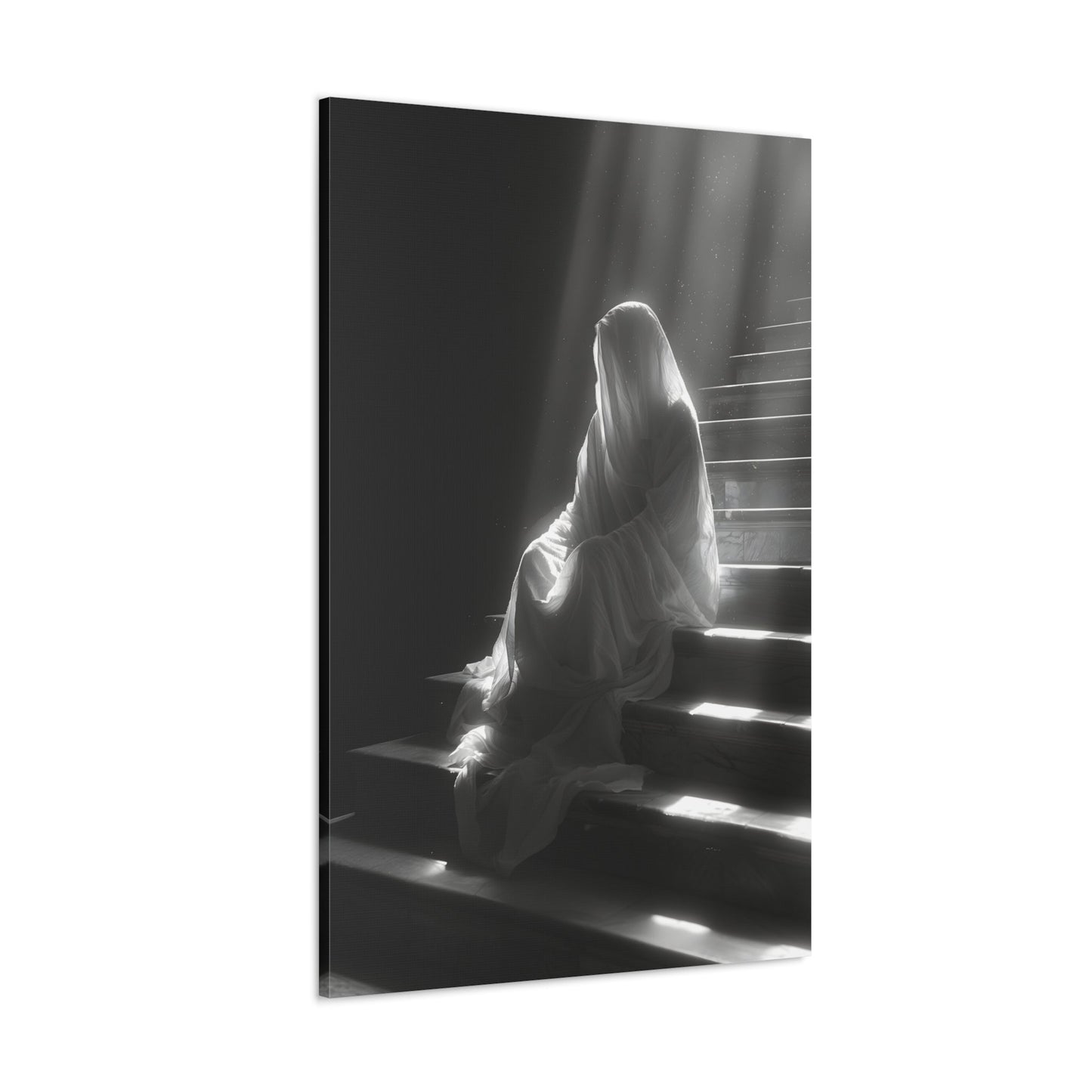 Vertical-oriented wall art: An eerie depiction of a ghostly apparition, its translucent form sitting on stairs, surrounded by a soft, ethereal glow.