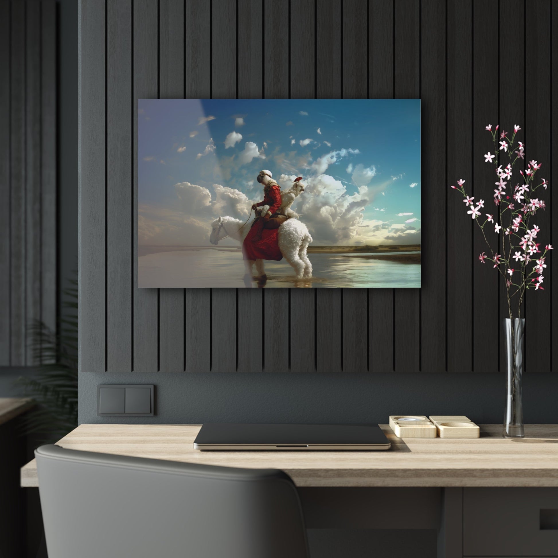 Horizontal-oriented wall art: A surreal photorealistic artwork featuring a monkey dressed in a red top and brown boots riding a white alpaca through shallow water in the desert. The monkey is accompanied by a red bird and a white parrot, all under a cloudy blue sky.