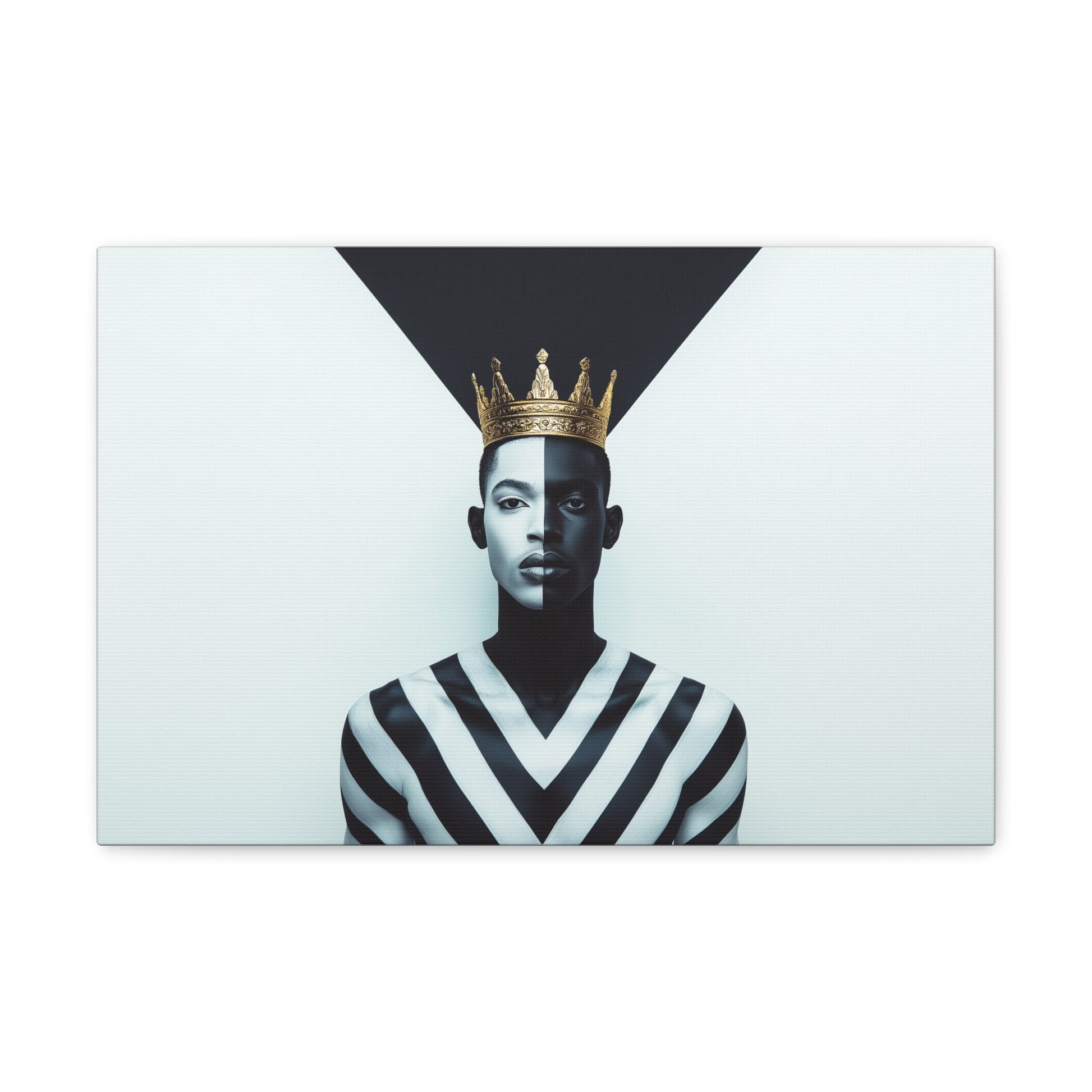 Horizontal-oriented wall art: "Crown of Dignity" A powerful portrait of a man wearing a golden crown, his face divided into bold black-and-white halves symbolizing balance and duality. The geometric background enhances the striking composition, blending regal elegance with modern precision.