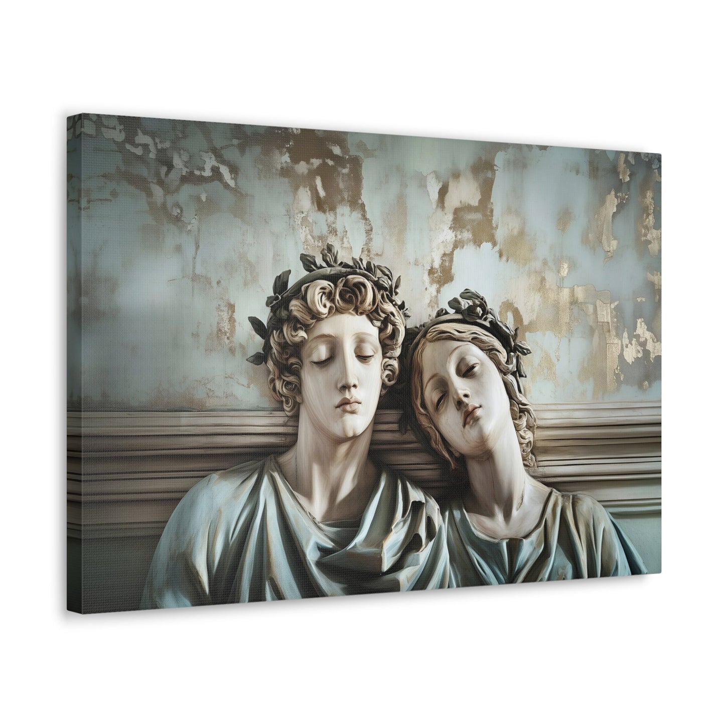 Horizontal-oriented wall art: "Tranquil Companions" Two classical statues, rest their heads against each other with eyes closed, evoking a serene sense of companionship. The weathered background with soft pastel tones and hints of gold adds to the tranquil, nostalgic ambiance of the artwork.