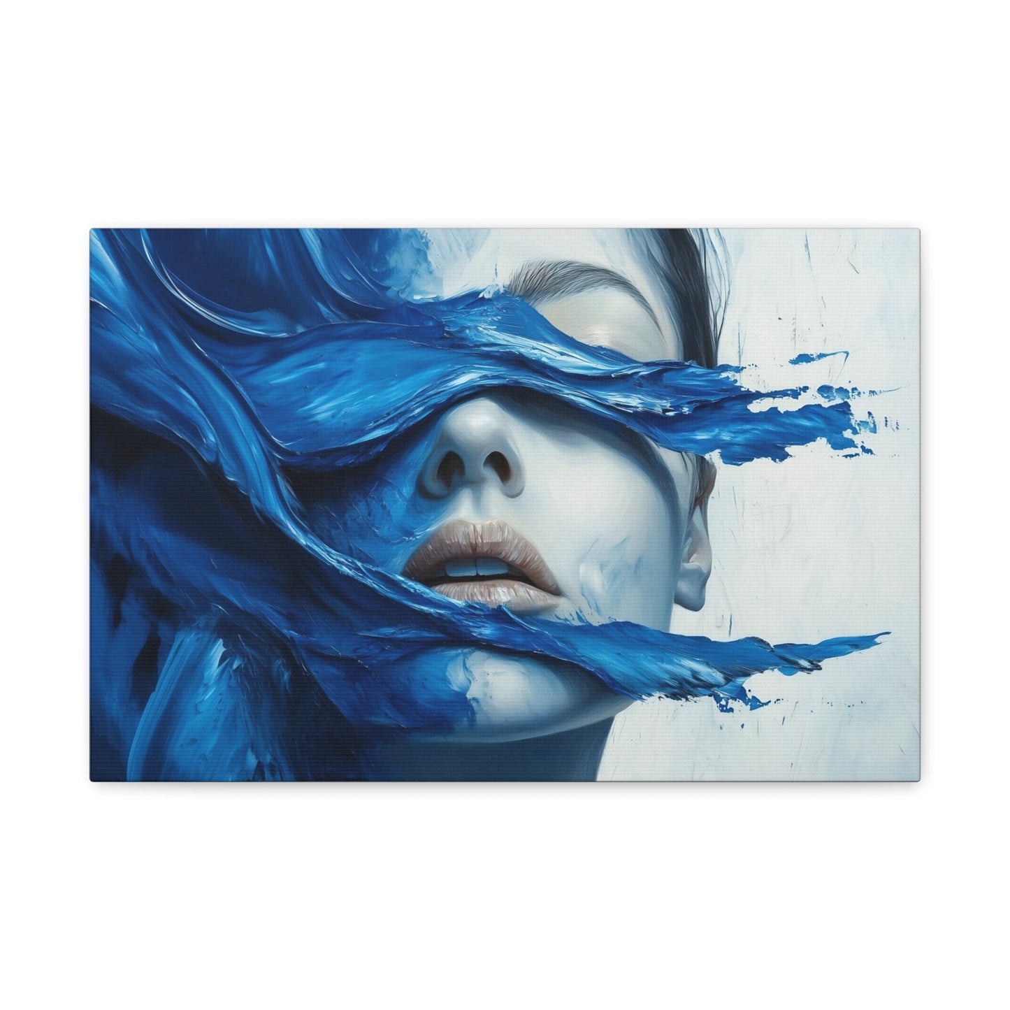 Horizontal-oriented wall art "Tides of the Mind" A surreal portrait of a woman's face partially obscured by flowing waves of cobalt blue paint. The image evokes a sense of introspection and calm, blending realistic features with abstract, fluid movement.