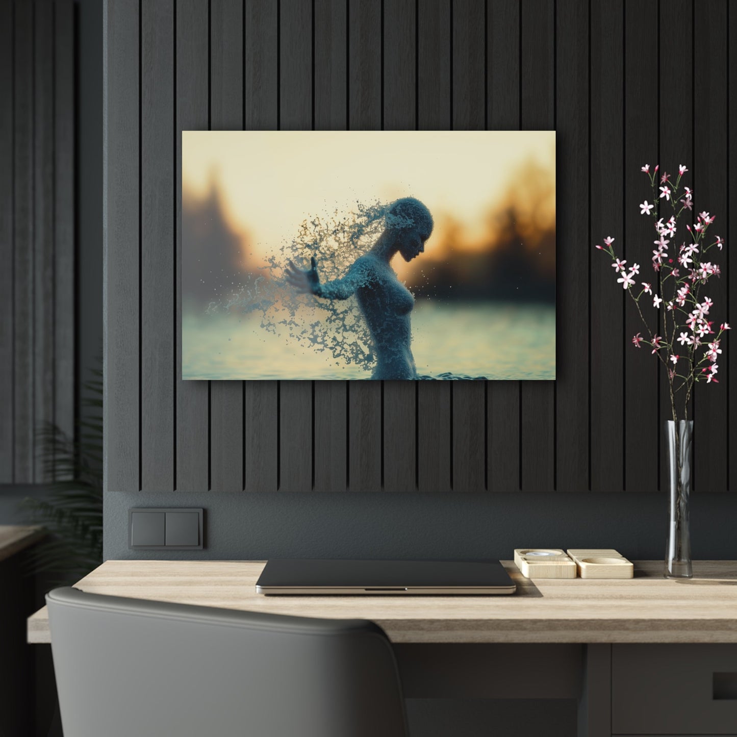 Horizontal-oriented wall art: "Watersong Reverie" Abstract artwork titled Watersong Reverie from the Primal Points collection, depicting a human silhouette merging with water through intricate Pointillism. The piece features fluid motion, vibrant aquamarine tones, and a dreamlike blend of human form and natural elements.