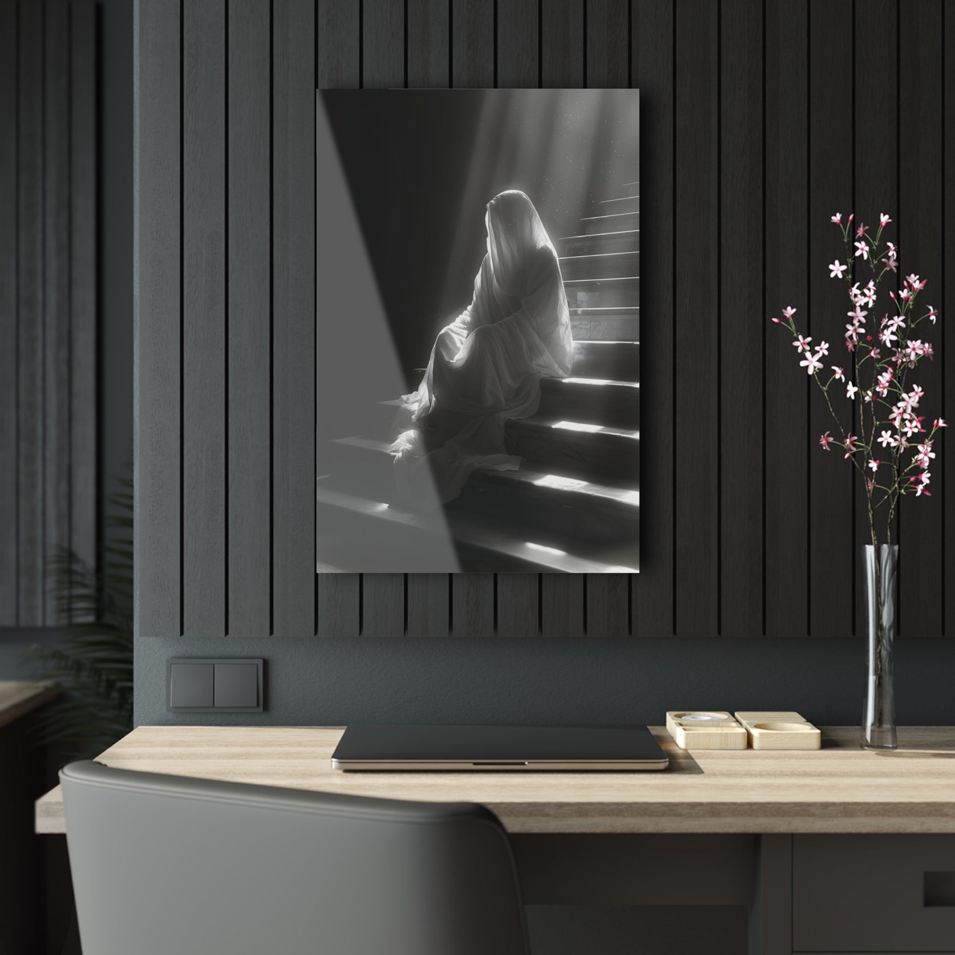 Vertical-oriented wall art: An eerie depiction of a ghostly apparition, its translucent form sitting on stairs, surrounded by a soft, ethereal glow.