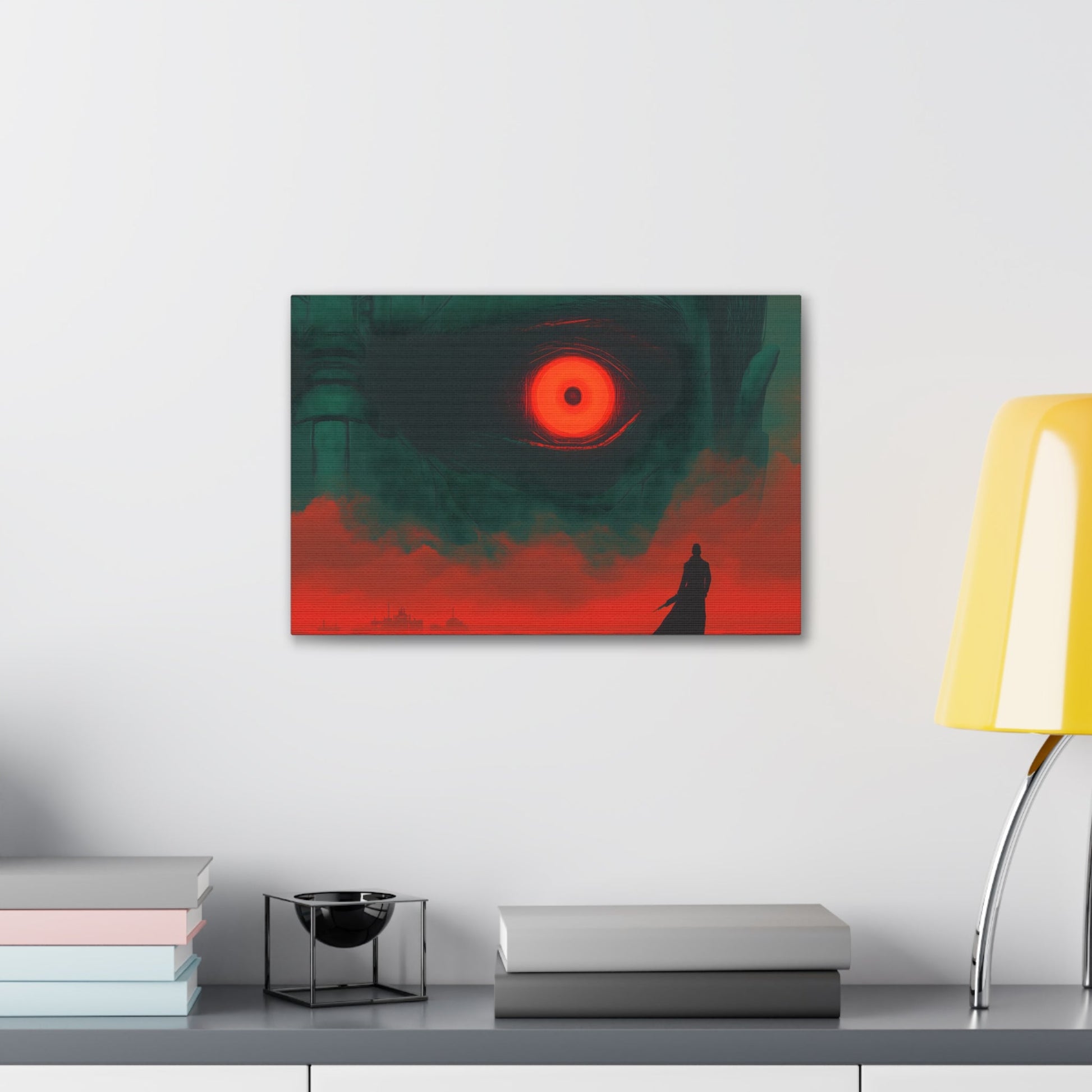 Horizontal-Oriented wall art: A lone hero stands before a massive, glowing red eye that dominates the dark, ominous landscape, symbolizing the looming threat of the final boss. The intense contrast of deep greens and fiery reds heightens the tension, capturing the moment before an epic battle.