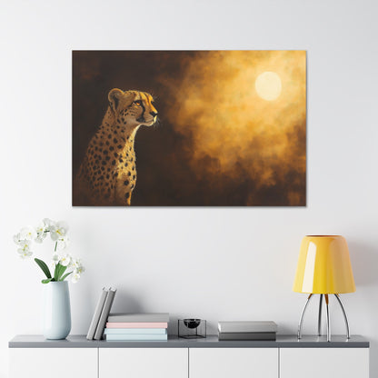 Horizontal-oriented wall art: "Shadowed Speed III" A cheetah gazes into the distance, bathed in the warm glow of a mysterious light source against a softly lit, golden background. The detailed fur and majestic pose are highlighted by dramatic shadows, capturing the animal's grace and strength in a serene moment.