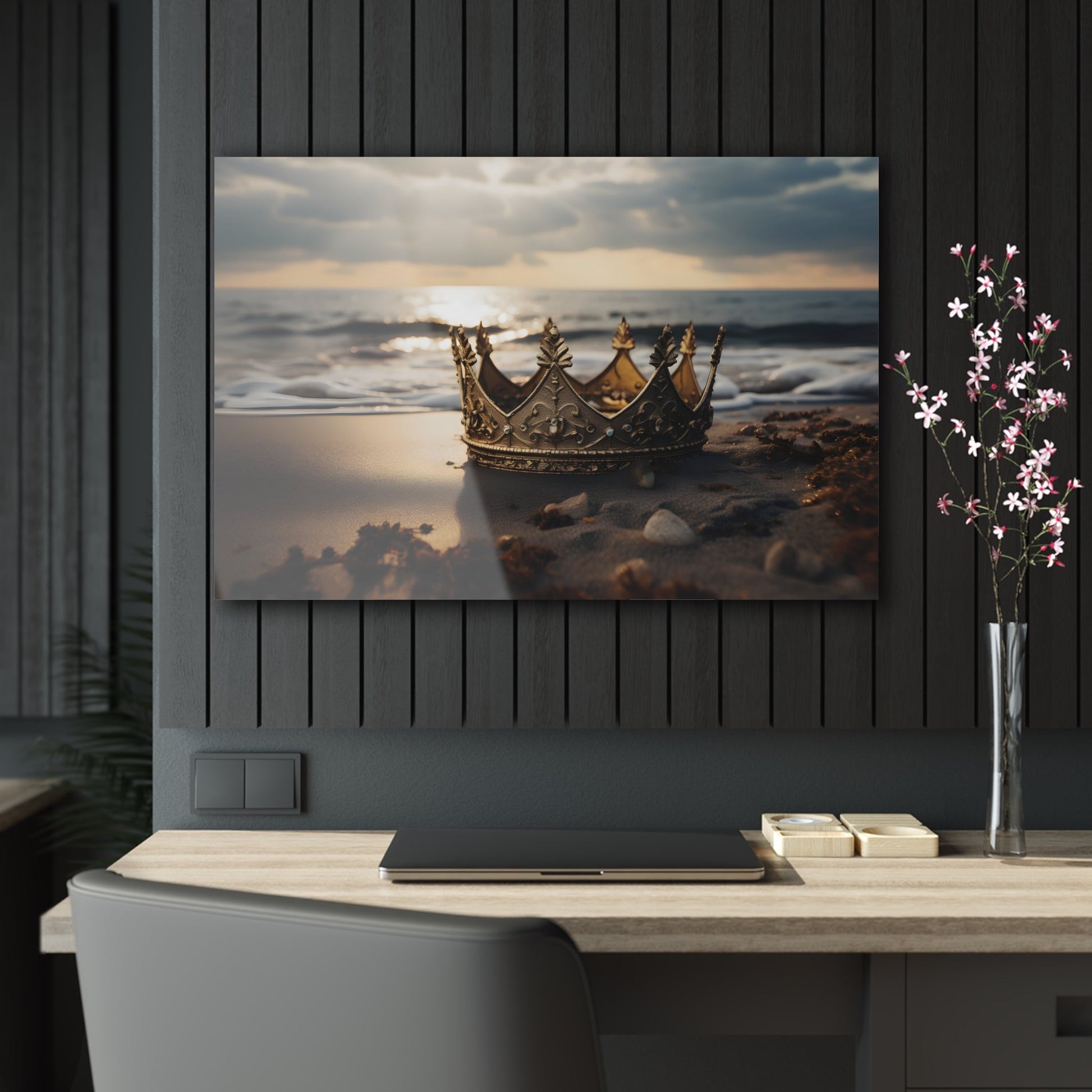 Horizontal-oriented wall art: "Find Your Crown" A golden crown rests gracefully on a sandy shore, illuminated by the warm glow of a sunset over gentle ocean waves. This evocative scene symbolizes self-discovery and the pursuit of inner majesty.