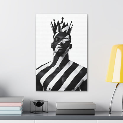 Vertical-oriented wall art: "Crown of Dignity II" A regal portrait of a man wearing a bold, geometric crown, with black and white stripes painted across his face and body. The minimalist composition emphasizes strength, elegance, and cultural pride in a modern, abstract style.