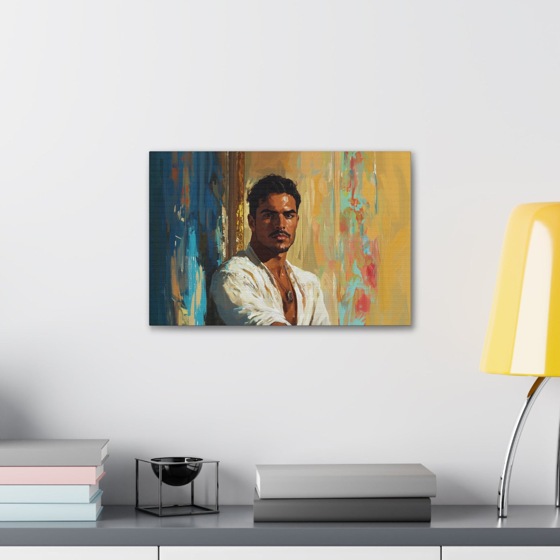 Horizontal-oriented wall art: "Stillness in Strength." A contemplative Latino man gazes forward with quiet confidence, surrounded by warm golden hues and cool blue accents. The oil painting style and radiant lighting create a refined and introspective composition.