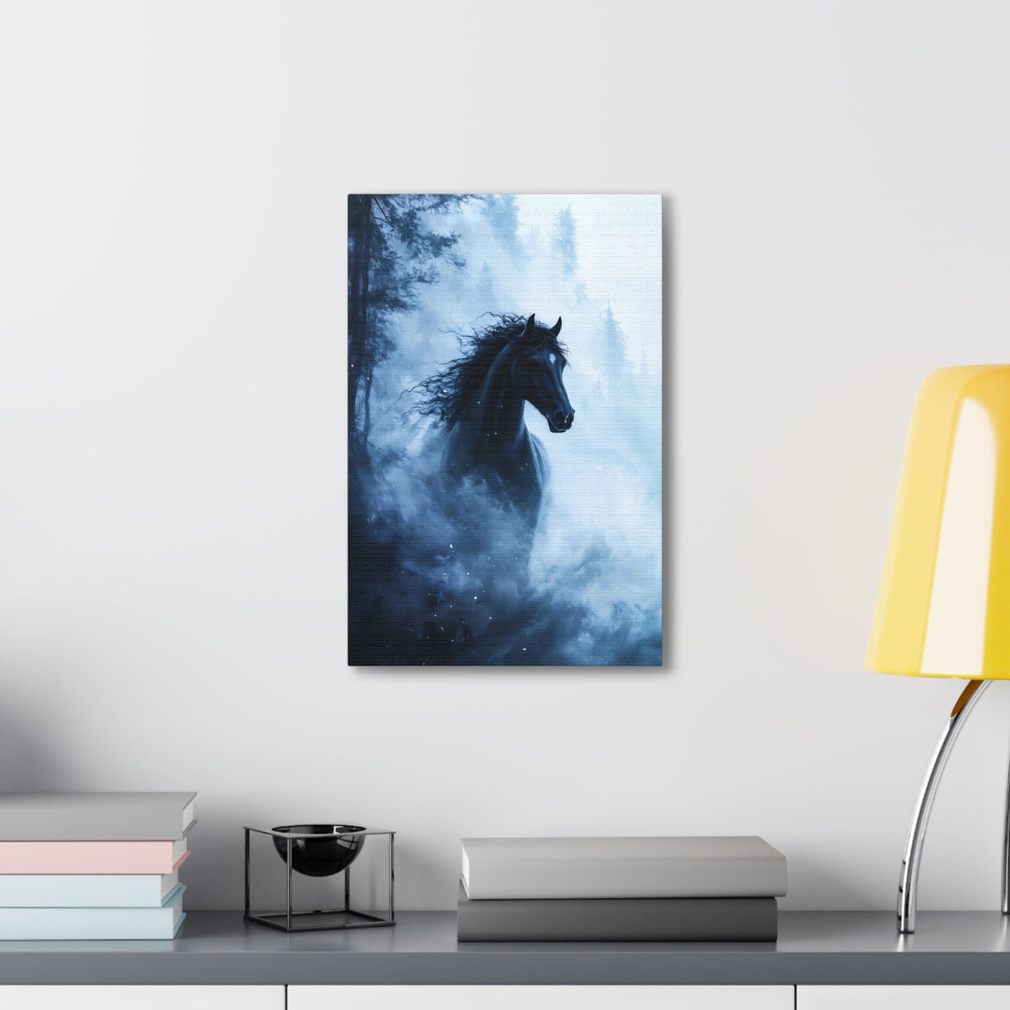 Vertical-oriented wall art: "Shadowed Stallion IV" A powerful black stallion charges through a misty forest, its mane flowing wildly as snow swirls around it. The contrast between the horse's dark figure and the soft, ethereal fog creates a striking, otherworldly scene.