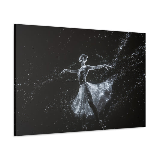 Horizontal-oriented wall art: "Cosmic Ballet III" A ballerina made of radiant, star-like dots gracefully dances against a dark, star-filled backdrop, her silhouette shining in monochromatic light. The scene captures the ethereal beauty of a cosmic dance, with stars trailing from her flowing skirt.