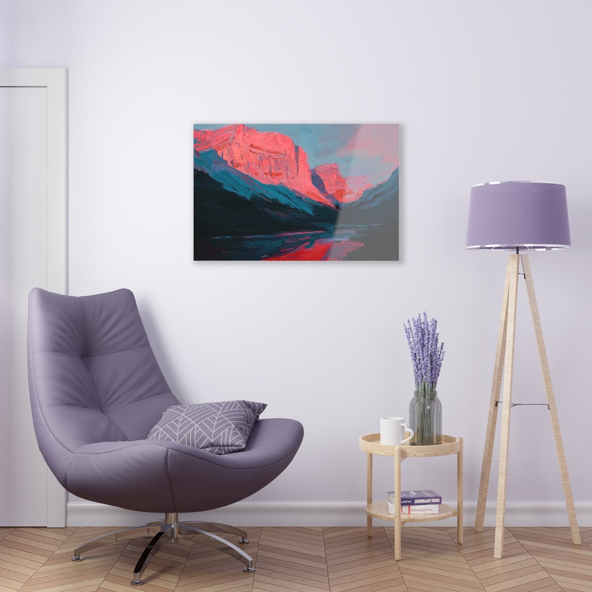 Horizontal-oriented wall art: "Timeless Peaks" Landscape artwork titled Timeless Peaks from the Bold Horizons collection, featuring vibrant crimson and pink mountains reflected in a tranquil lake. The piece highlights bold brushstrokes and a dynamic interplay of warm and cool colors, evoking majesty and serenity.