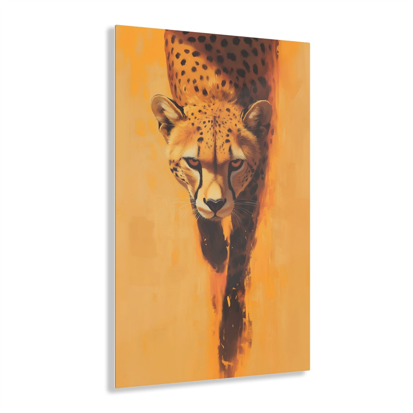 Vertical-oriented wall art: A striking portrait of a cheetah, set against a vibrant orange background, captures the animal’s focused gaze and sleek body as it moves forward. The minimalistic backdrop with dynamic brushstrokes accentuates the cheetah’s speed and agility, while its realistic details stand out in contrast to the abstract surroundings.