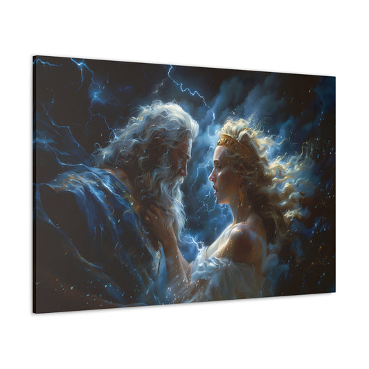 Horizontal-oriented wall art: "Storm of Affection" from the Elysian Legends collection depicts Zeus and Hera in a surreal, tempestuous scene surrounded by swirling clouds and lightning, symbolizing their passionate and conflict-filled love. The dramatic lighting and ethereal elements enhance the divine and mythical atmosphere, drawing viewers into the epic narrative of these Greek gods.