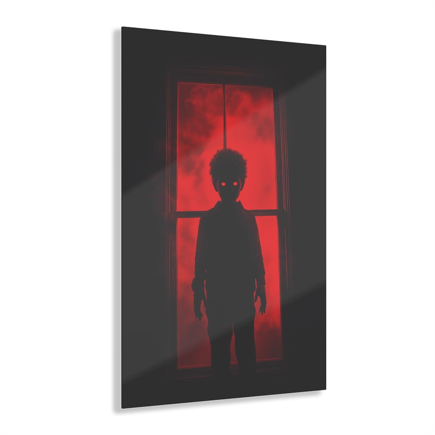 Vertical-oriented wall art: "Shadows in the Mist II." A shadowy child-like figure with glowing red eyes stands against a crimson-illuminated window, shrouded in red mist and black silhouettes, evoking an eerie and supernatural atmosphere.