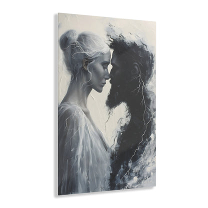 Vertical-oriented wall art: "Storm of Affection" from the Elysian Legends collection depicts Zeus and Hera in a surreal, tempestuous scene surrounded by swirling clouds and lightning, symbolizing their passionate and conflict-filled love. The dramatic lighting and ethereal elements enhance the divine and mythical atmosphere, drawing viewers into the epic narrative of these Greek gods.