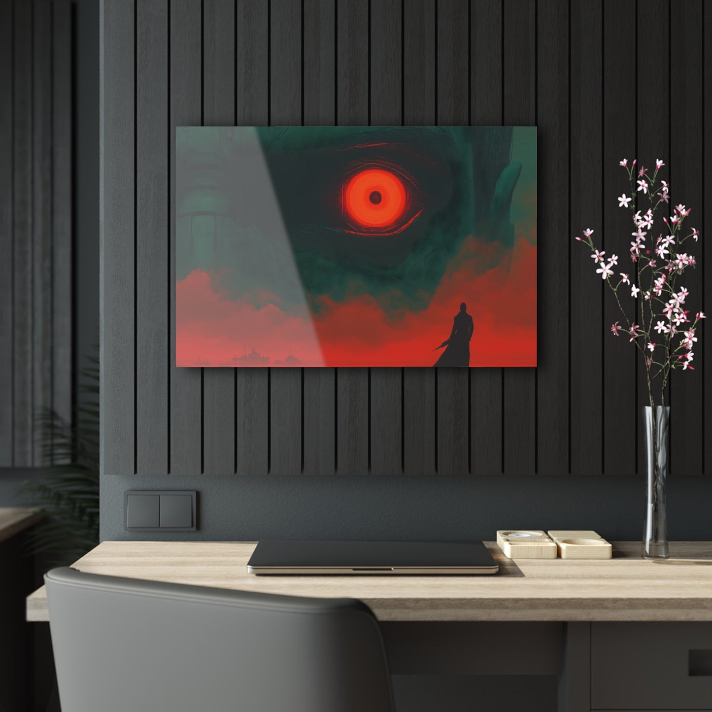 Horizontal-Oriented wall art: A lone hero stands before a massive, glowing red eye that dominates the dark, ominous landscape, symbolizing the looming threat of the final boss. The intense contrast of deep greens and fiery reds heightens the tension, capturing the moment before an epic battle.