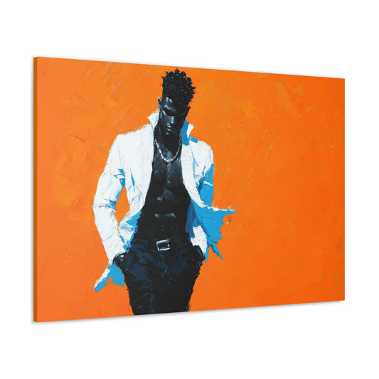 Horizontal-oriented wall art: "Bold Allure." A confident Black man stands in a crisp white jacket and dark pants against a vibrant orange background. The palette knife technique and high-contrast lighting create a textured, empowering composition that exudes boldness and modern elegance.