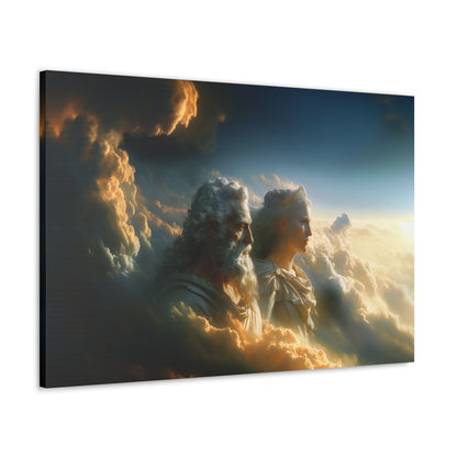 Horizontal-oriented wall art: "Storm of Affection" from the Elysian Legends collection depicts Zeus and Hera in a surreal, tempestuous scene surrounded by swirling clouds and lightning, symbolizing their passionate and conflict-filled love. The dramatic lighting and ethereal elements enhance the divine and mythical atmosphere, drawing viewers into the epic narrative of these Greek gods.