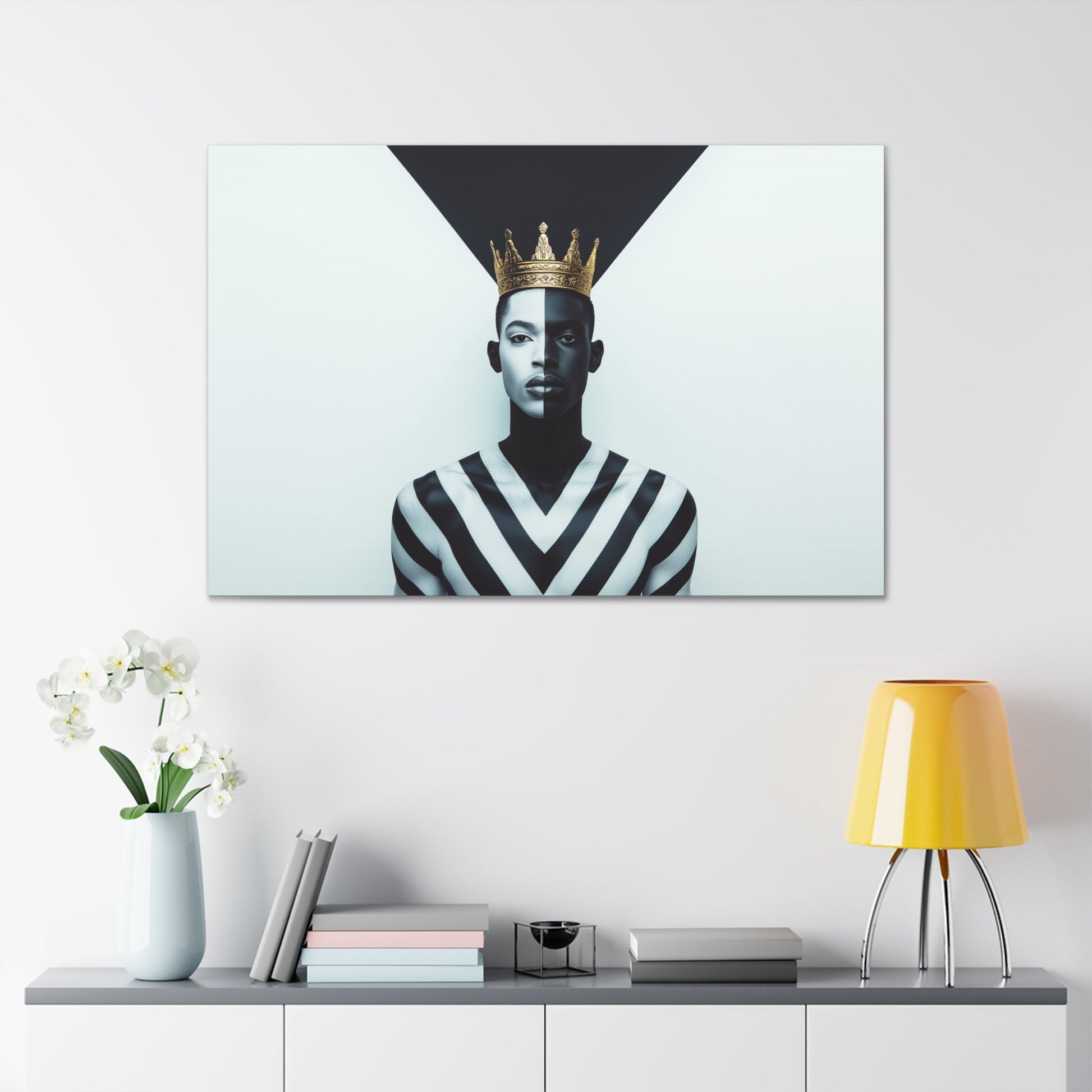 Horizontal-oriented wall art: "Crown of Dignity" A powerful portrait of a man wearing a golden crown, his face divided into bold black-and-white halves symbolizing balance and duality. The geometric background enhances the striking composition, blending regal elegance with modern precision.