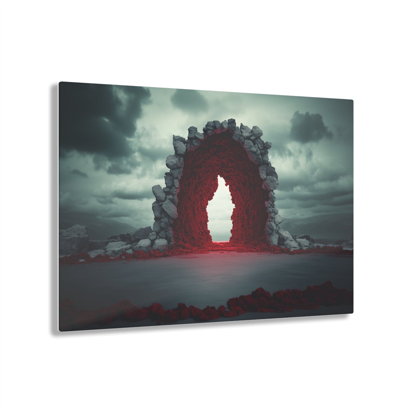 Horizontal-oriented wall art: "Portal of Possibilities" A glowing red portal framed by jagged stone stands in a barren landscape under a moody, overcast sky. The surreal scene evokes mystery and possibility, as if the gateway leads to another dimension.